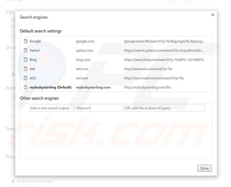 Removendo myluckystarting.com do motor de busca padrão do Google Chrome