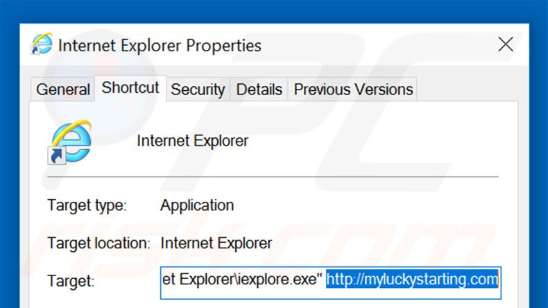 Removendo myluckystarting.com do atalho do Internet Explorer passo 2