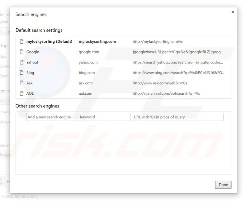 Removendo myluckysurfing.com do motor de pesquisa padrão do Google Chrome