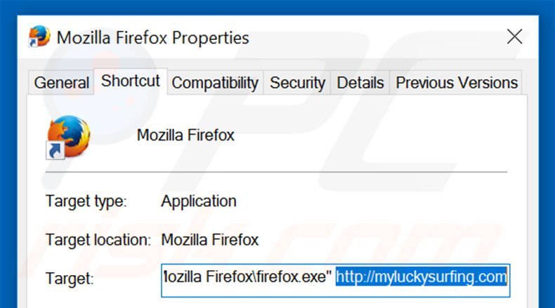 Removendo myluckysurfing.com do atalho do Mozilla Firefox passo 2