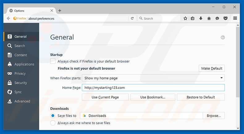 Removendo mystarting123.com da página inicial do Mozilla Firefox