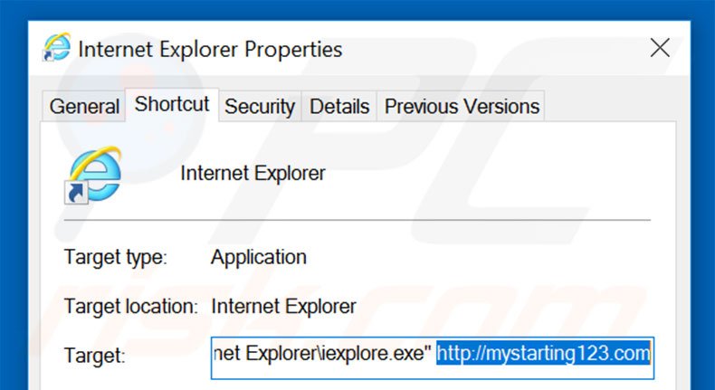 Removendo mystarting123.com do atalho do Internet Explorer passo 2