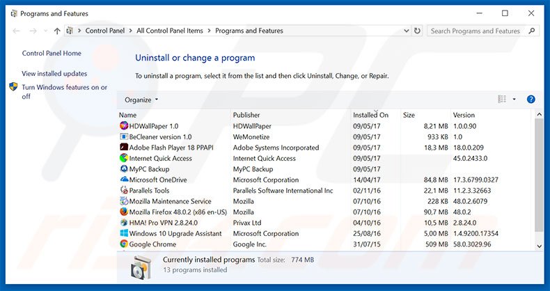 desinstalar o sequestrador de navegador mystarting123.com via Painel de Controlo