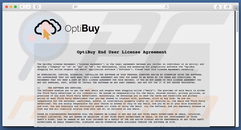 Termos de condições do website do adware OptiBuy