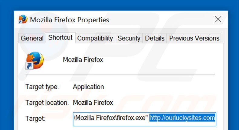 Removendo ourluckysites.com do atalho do Mozilla Firefox passo 2