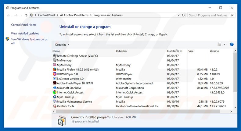 desinstalar o sequestrador de navegador ourluckysites.com via Painel de Controlo