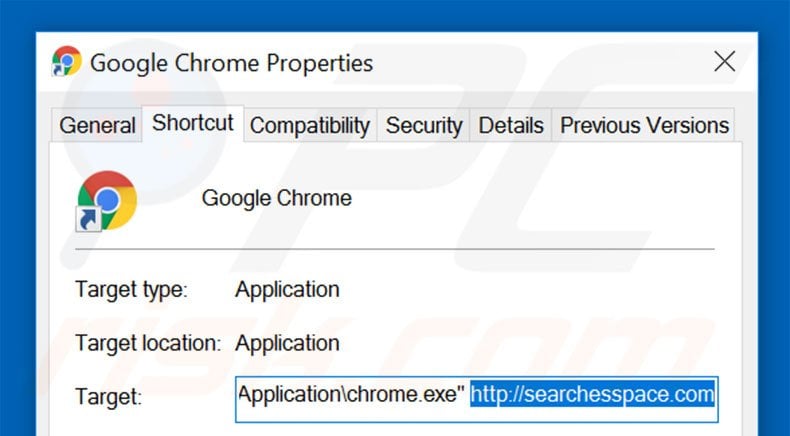 Removendo searchesspace.com do atalho do Google Chrome passo 2