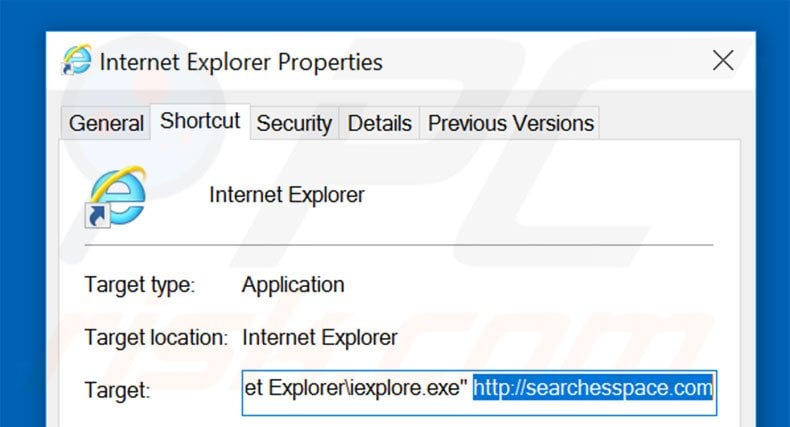 Removendo searchesspace.com do atalho do Internet Explorer passo 2