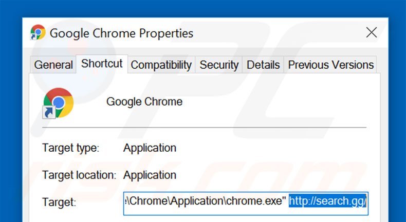 Removendo search.gg do atalho do Google Chrome passo 2