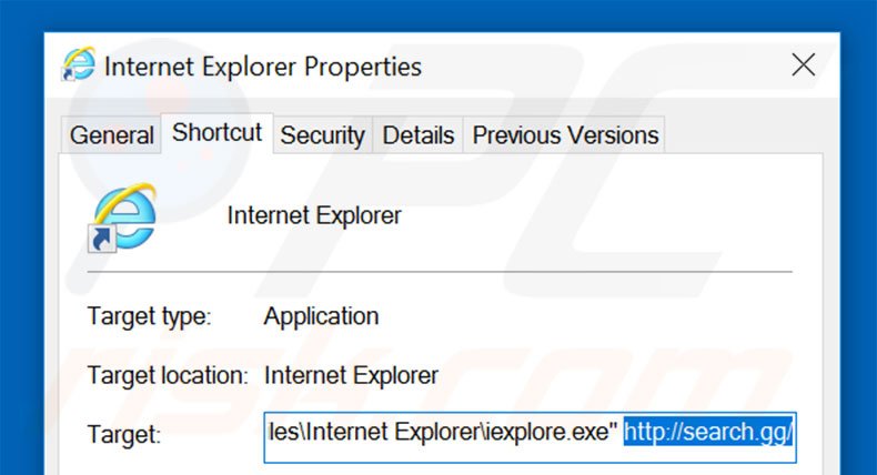 Removendo search.gg atalho do Internet Explorer passo 2