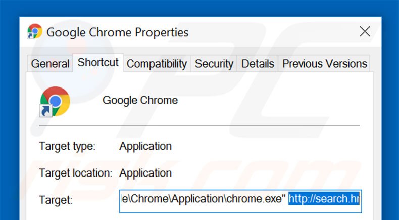 Removendo search.hr do atalho do Google Chrome passo 2