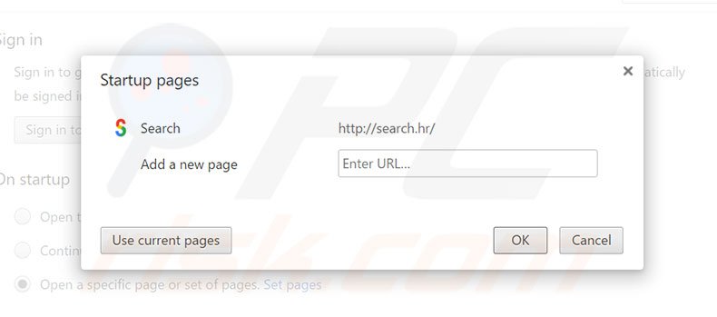 Remova a página inicial search.hr do Google Chrome