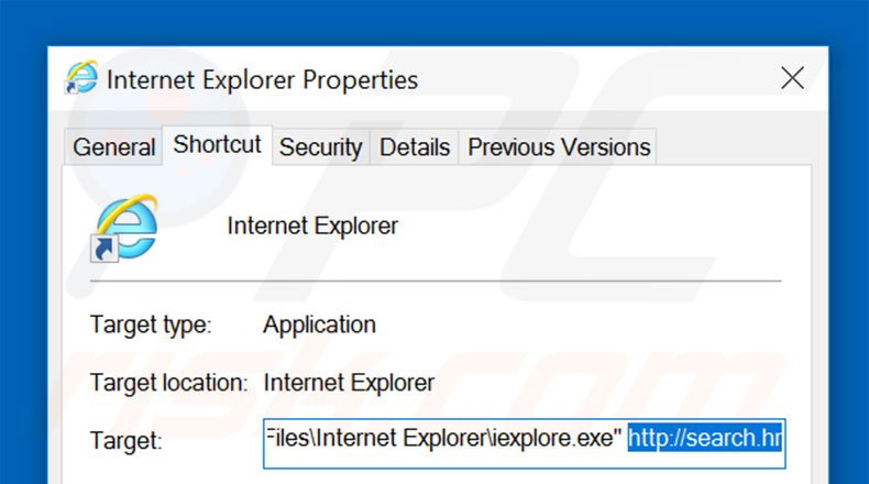 Removendo search.hr do atalho do Internet Explorer passo 2