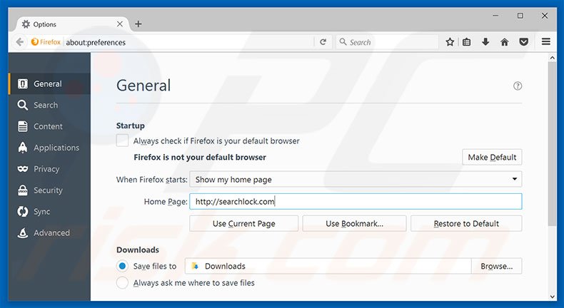 Removendo a página inicial searchlock.com do Mozilla Firefox