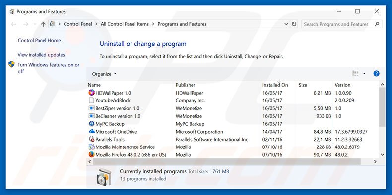 desinstalar o adware Windows Defender Alert através do Painel de Controlo