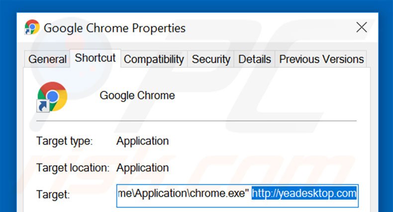 Removendo yeadesktop.com do atalho do Google Chrome passo 2
