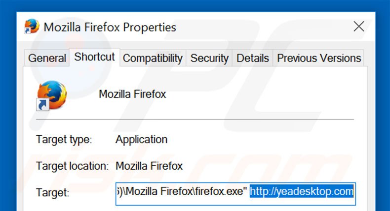 Removendo yeadesktop.com do atalho do Mozilla Firefox passo 2
