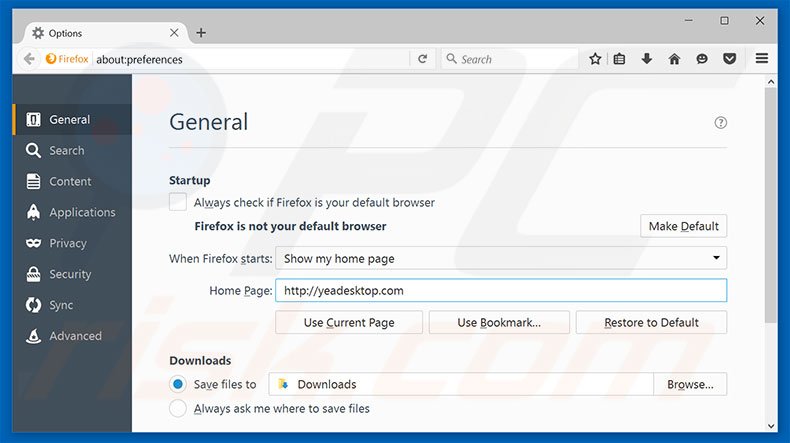 Removendo yeadesktop.com da página inicial do Mozilla Firefox