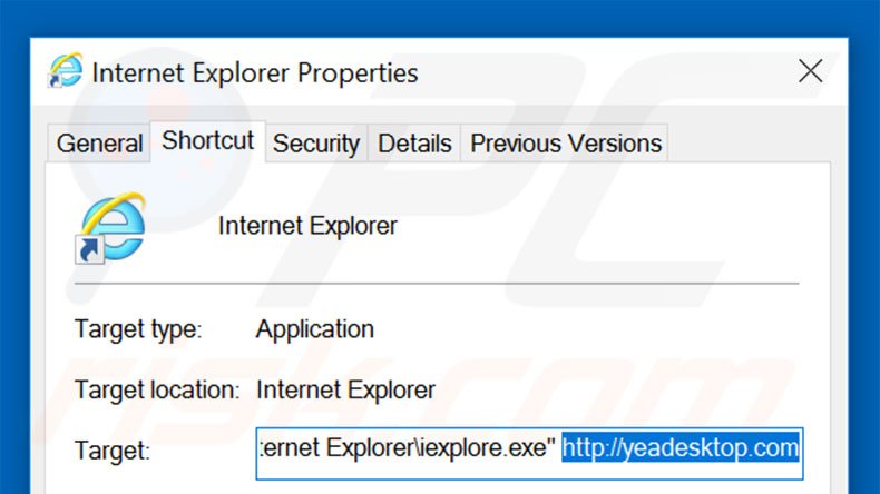 Removendo yeadesktop.com do atalho do Internet Explorer passo 2