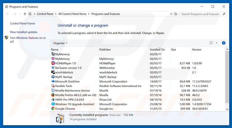 desinstalar o sequestrador de navegador yeadesktop.com via Painel de Controlo