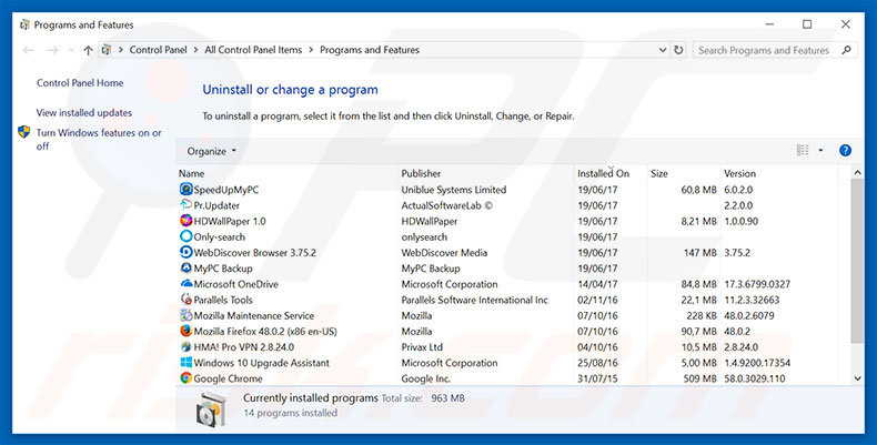 desinstalar o adware ad.dumedia.ru via Painel de Controlo