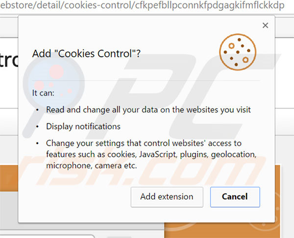 Adware Cookies Control a pedir permissão para adicionar add-ons