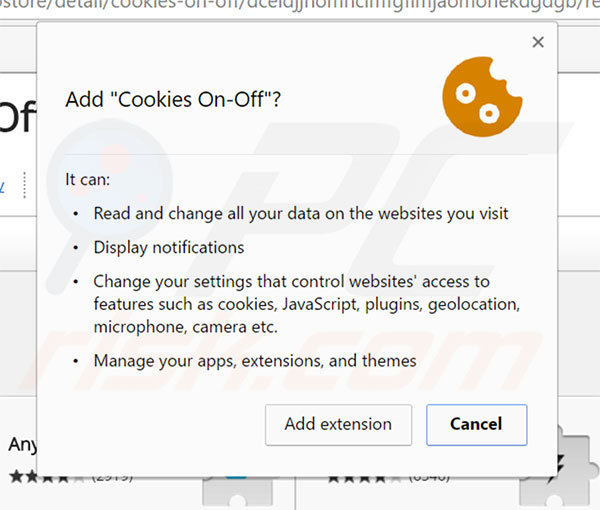 Permissão do adware Cookies On-Off