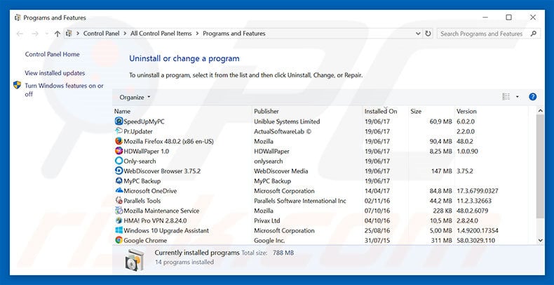 desinstalar o adware Cookies On-Off via Painel de Controlo