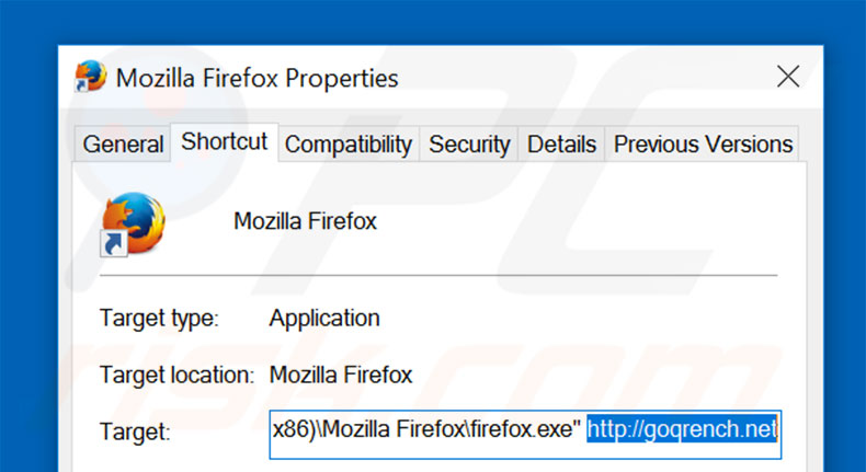 Removendo goqrench.net do atalho do Mozilla Firefox passo 2
