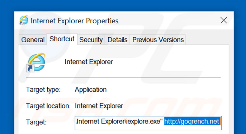 Removendo goqrench.net do atalho do Internet Explorer passo 2