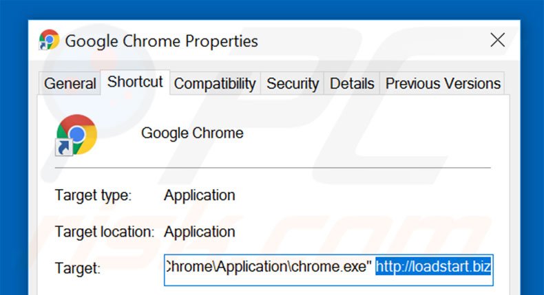 Removendo loadstart.biz do atalho do Google Chrome passo 2