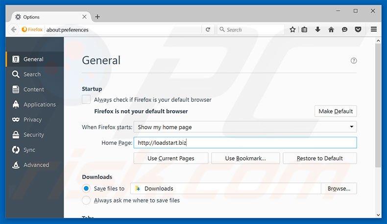 Removendo loadstart.biz da página inicial do Mozilla Firefox