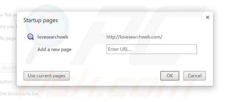Removendo a página inicial lovesearchweb.com do Google Chrome