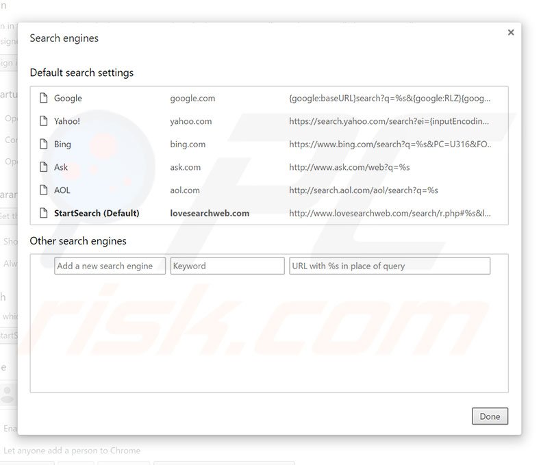 Removendo lovesearchweb.com do motor de busca padrão do Google Chrome