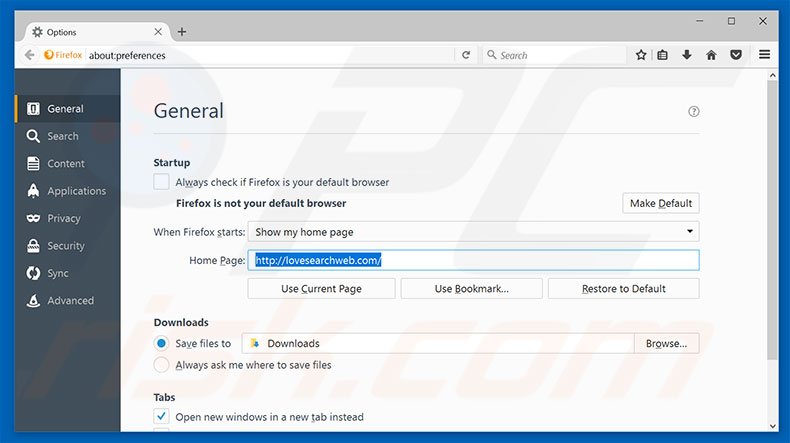 Removendo lovesearchweb.com da página inicial do Mozilla Firefox