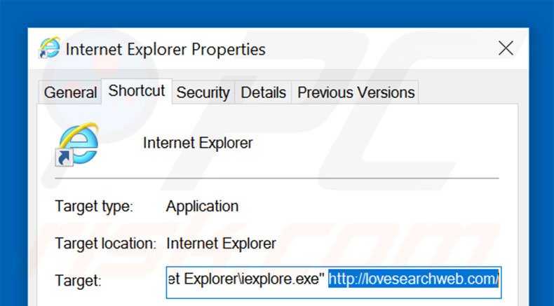 Removendo lovesearchweb.com do atalho do Internet Explorer passo 2