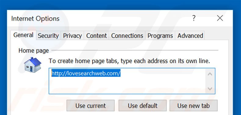 Removendo a página inicial lovesearchweb.com do Internet Explorer
