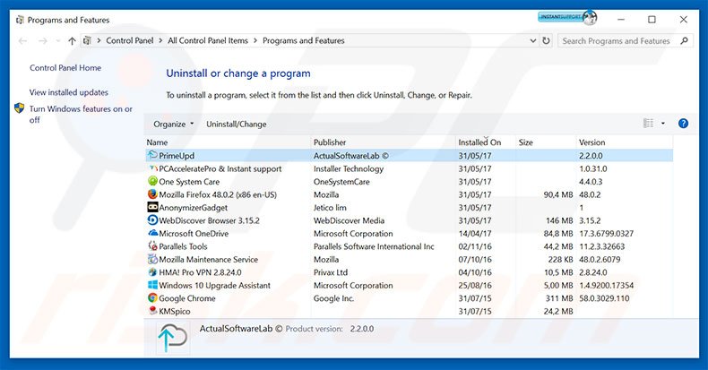 desinstalar o adware Prime Updater via Painel de Controlo