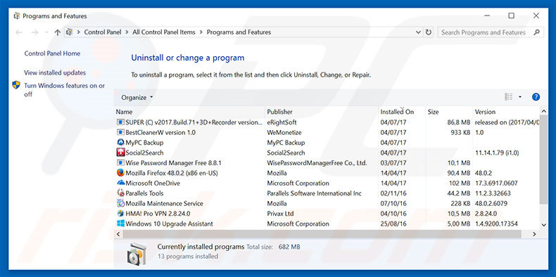 desinstalar o adware Ransomware Attack Warning Alert através do Painel de Controlo