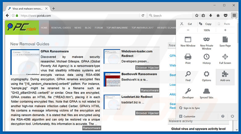 Removendo os anúncios Suspicious Ransomware Activity do Mozilla Firefox passo 1