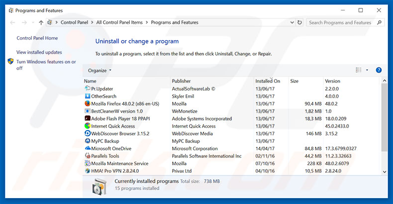 Desinstalar o adware Suspicious Ransomware Activity via Painel de Controlo