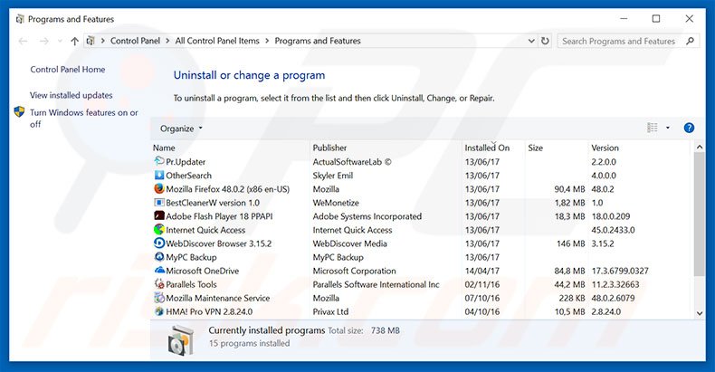 Desinstalar o adware Error Virus - Trojan Backdoor Hijack via Painel de controlo