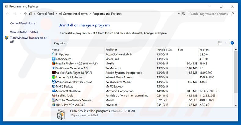 Desinstalar o adware Error Virus - Trojan Backdoor Hijack via Painel de controlo