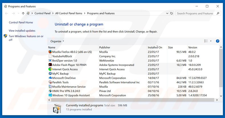 desinstalar o adware unTabs via Painel de Controlo