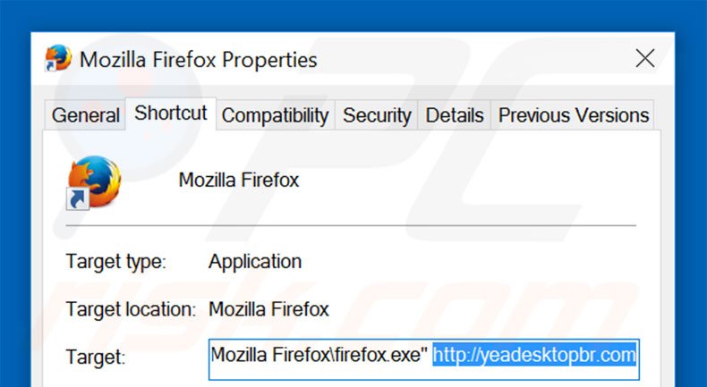 Removendo yeadesktopbr.com do atalho do Mozilla Firefox passo 2