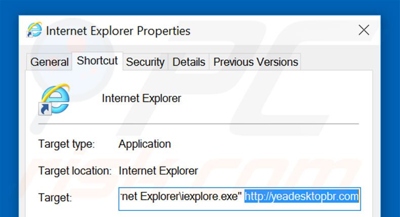 Removendo yeadesktopbr.com do atalho do Internet Explorer passo 2