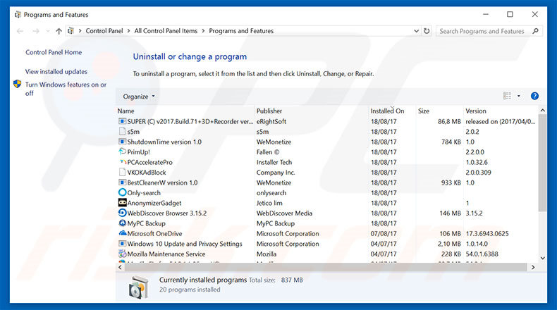 Desinstalação do adware 'Ad by Advertise' via Painel de Controlo