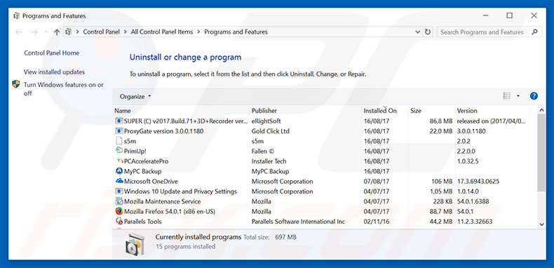 desinstalar o adware apple-panda.com via Painel de Controlo