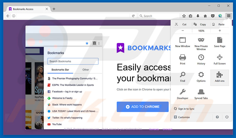 Removendo os anúncios Bookmarks Access do Mozilla Firefox passo 1