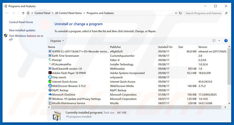 Desinstalar o adware Bookmarks Button usando o Painel de Controlo